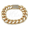 Oro Laminado Fancy Bracelet, Gold Filled Style Miami Cuban Design, with White Cubic Zirconia, Polished, Golden Finish, 03.156.0043.08