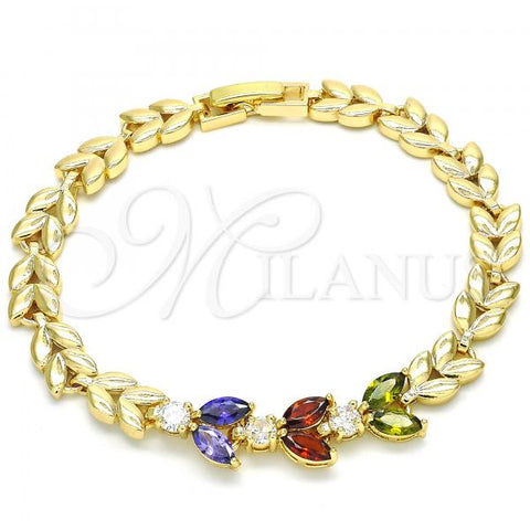 Oro Laminado Fancy Bracelet, Gold Filled Style Leaf Design, with Multicolor Cubic Zirconia, Polished, Golden Finish, 03.210.0115.1.07