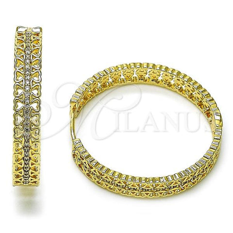 Oro Laminado Huggie Hoop, Gold Filled Style Heart Design, with White Micro Pave, Polished, Golden Finish, 02.204.0025.38