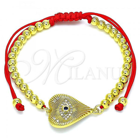 Oro Laminado Adjustable Bolo Bracelet, Gold Filled Style Evil Eye and Heart Design, with Sapphire Blue and White Micro Pave, Polished, Golden Finish, 03.368.0041.11
