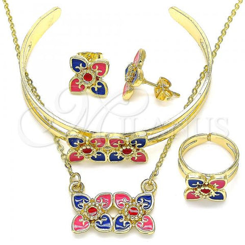 Oro Laminado Necklace, Bracelet, Earring and Ring, Gold Filled Style Flower Design, Multicolor Enamel Finish, Golden Finish, 06.361.0030