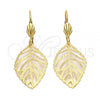 Oro Laminado Dangle Earring, Gold Filled Style Leaf Design, Diamond Cutting Finish, Golden Finish, 5.108.007