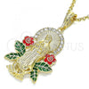 Oro Laminado Religious Pendant, Gold Filled Style Guadalupe and Flower Design, with White Crystal, Multicolor Enamel Finish, Golden Finish, 05.380.0037