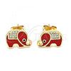 Oro Laminado Stud Earring, Gold Filled Style Elephant Design, with White and Black Micro Pave, Red Enamel Finish, Golden Finish, 02.213.0270.1