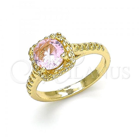 Oro Laminado Multi Stone Ring, Gold Filled Style Herringbone Design, with Pink Cubic Zirconia, Polished, Golden Finish, 01.284.0044.08