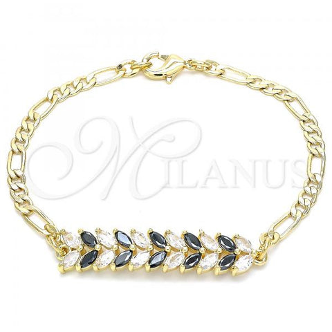 Oro Laminado Fancy Bracelet, Gold Filled Style Leaf Design, with Black and White Cubic Zirconia, Polished, Golden Finish, 03.63.2154.1.08