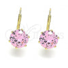 Oro Laminado Leverback Earring, Gold Filled Style with Pink Cubic Zirconia, Polished, Golden Finish, 5.128.069