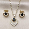 Oro Laminado Earring and Pendant Adult Set, Gold Filled Style Heart Design, with Black Cubic Zirconia and White Micro Pave, Polished, Golden Finish, 10.196.0182