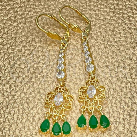 Oro Laminado Long Earring, Gold Filled Style Teardrop Design, with Green and White Cubic Zirconia, Polished, Golden Finish, 02.210.0207.1