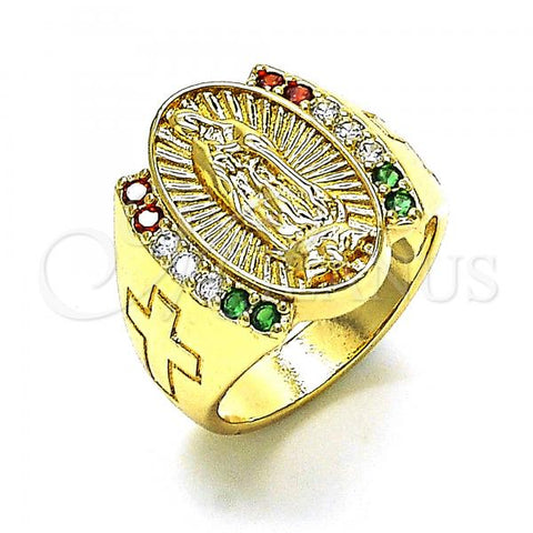 Oro Laminado Multi Stone Ring, Gold Filled Style Guadalupe and Cross Design, with Multicolor Cubic Zirconia, Polished, Golden Finish, 01.380.0019.1.07