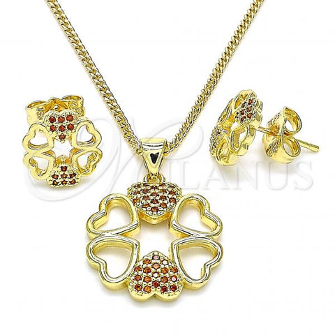 Oro Laminado Earring and Pendant Adult Set, Gold Filled Style Heart Design, with Garnet Micro Pave, Polished, Golden Finish, 10.156.0204.2