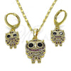 Oro Laminado Earring and Pendant Adult Set, Gold Filled Style Owl Design, with Black Cubic Zirconia and Ruby Micro Pave, Polished, Golden Finish, 10.196.0061