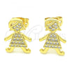 Oro Laminado Stud Earring, Gold Filled Style Little Girl Design, with White Micro Pave, Polished, Golden Finish, 02.156.0399