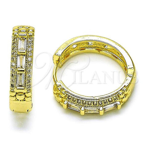 Oro Laminado Huggie Hoop, Gold Filled Style Baguette and Flower Design, with White Cubic Zirconia and White Micro Pave, Polished, Golden Finish, 02.210.0860.22