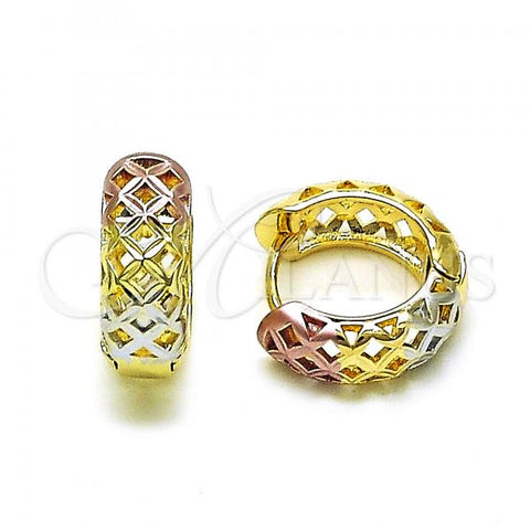 Oro Laminado Huggie Hoop, Gold Filled Style Flower Design, Diamond Cutting Finish, Tricolor, 02.102.0071.15