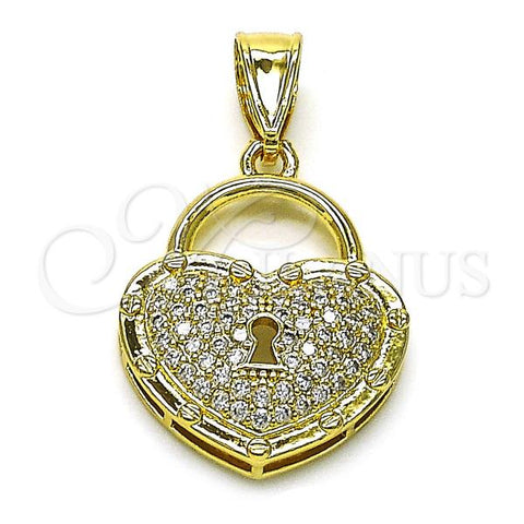Oro Laminado Fancy Pendant, Gold Filled Style Heart and key Design, with White Micro Pave, Polished, Golden Finish, 05.411.0025