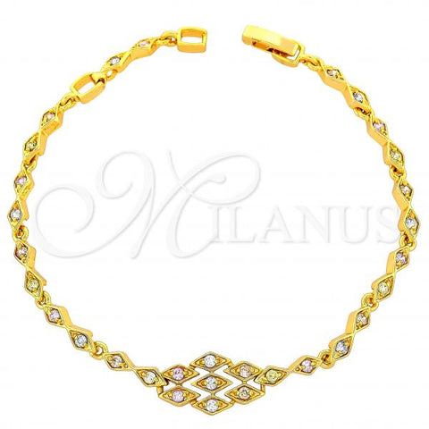 Oro Laminado Fancy Bracelet, Gold Filled Style Diamond Design, with Multicolor Cubic Zirconia, Polished, Golden Finish, 03.60.0038