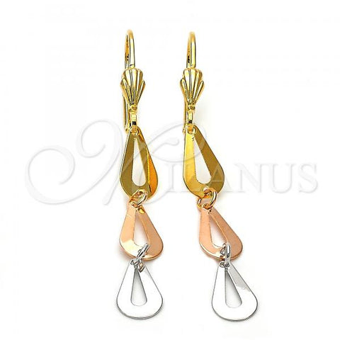 Oro Laminado Long Earring, Gold Filled Style Teardrop Design, Diamond Cutting Finish, Tricolor, 02.63.2168