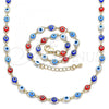 Oro Laminado Necklace and Bracelet, Gold Filled Style Evil Eye Design, Multicolor Resin Finish, Golden Finish, 06.63.0255