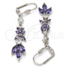 Rhodium Plated Long Earring, Leaf Design, with Amethyst and White Cubic Zirconia, Polished, Rhodium Finish, 02.205.0056.8