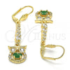 Oro Laminado Long Earring, Gold Filled Style Owl Design, with Green and White Cubic Zirconia, Polished, Golden Finish, 02.210.0210.1