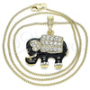 Oro Laminado Pendant Necklace, Gold Filled Style Elephant Design, with White and Black Crystal, Black Enamel Finish, Golden Finish, 04.380.0026.4.20