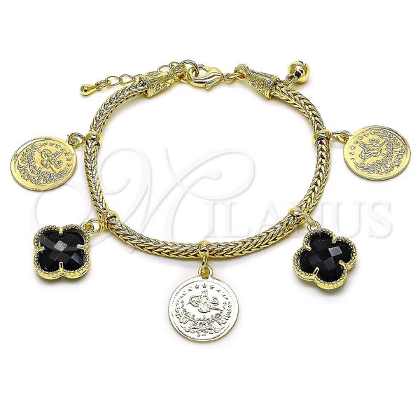 Oro Laminado Charm Bracelet, Gold Filled Style Four-leaf Clover Design, with Black Crystal, Polished, Golden Finish, 03.168.0041.07