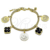 Oro Laminado Charm Bracelet, Gold Filled Style Four-leaf Clover Design, with Black Crystal, Polished, Golden Finish, 03.168.0041.07