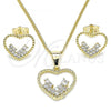 Oro Laminado Earring and Pendant Adult Set, Gold Filled Style Heart Design, with White Micro Pave, Polished, Golden Finish, 10.284.0010