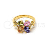 Oro Laminado Multi Stone Ring, Gold Filled Style Flower Design, with Multicolor and White Cubic Zirconia, Polished, Golden Finish, 5.172.008.09 (Size 9)