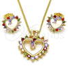 Oro Laminado Earring and Pendant Adult Set, Gold Filled Style Heart Design, with Multicolor Cubic Zirconia, Polished, Golden Finish, 10.316.0015.2