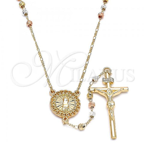 Oro Laminado Thin Rosary, Gold Filled Style Guadalupe and Crucifix Design, Diamond Cutting Finish, Tricolor, 09.380.0020.26