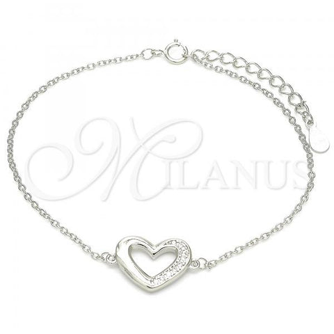 Sterling Silver Fancy Bracelet, Heart Design, with White Micro Pave, Polished, Rhodium Finish, 03.336.0079.07