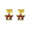 Oro Laminado Stud Earring, Gold Filled Style Flower Design, with Garnet Cubic Zirconia, Polished, Golden Finish, 02.310.0024.2