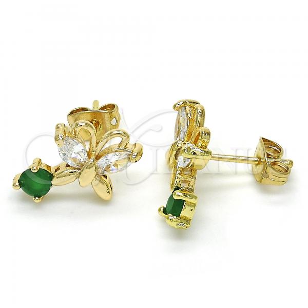 Oro Laminado Stud Earring, Gold Filled Style Butterfly Design, with Green and White Cubic Zirconia, Polished, Golden Finish, 02.210.0093.1