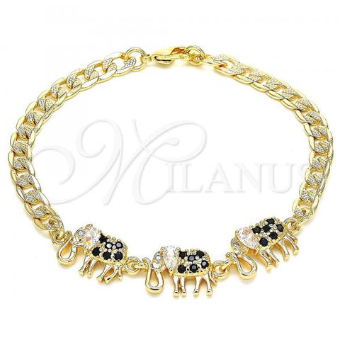 Oro Laminado Fancy Bracelet, Gold Filled Style Elephant Design, with Black and White Cubic Zirconia, Polished, Golden Finish, 03.63.2138.2.07