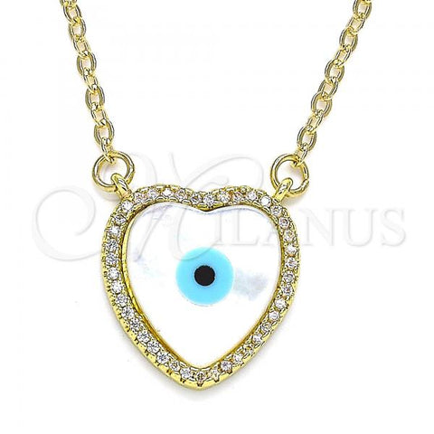 Oro Laminado Pendant Necklace, Gold Filled Style Evil Eye and Heart Design, with White Micro Pave and White Mother of Pearl, Polished, Golden Finish, 04.362.0027.18