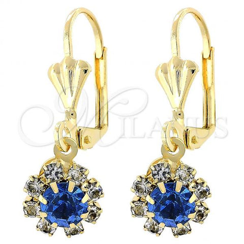 Oro Laminado Dangle Earring, Gold Filled Style Flower Design, with Sapphire Blue and White Cubic Zirconia, Polished, Golden Finish, 5.125.017.3