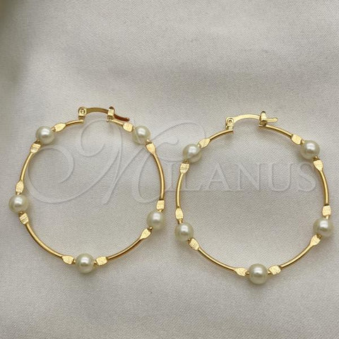 Oro Laminado Medium Hoop, Gold Filled Style Ball Design, with Ivory Pearl, Polished, Golden Finish, 02.02.0527.40