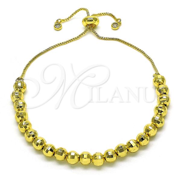 Oro Laminado Adjustable Bolo Bracelet, Gold Filled Style Ball and Disco Design, with White Cubic Zirconia, Diamond Cutting Finish, Golden Finish, 03.368.0094.11