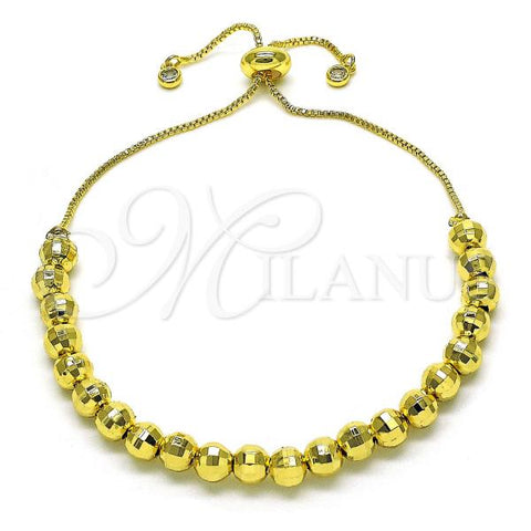 Oro Laminado Adjustable Bolo Bracelet, Gold Filled Style Ball and Disco Design, with White Cubic Zirconia, Diamond Cutting Finish, Golden Finish, 03.368.0094.11