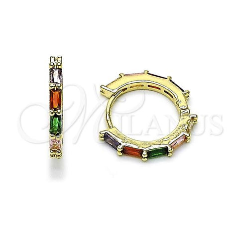 Oro Laminado Huggie Hoop, Gold Filled Style Baguette Design, with Multicolor Cubic Zirconia, Polished, Golden Finish, 02.196.0195.18