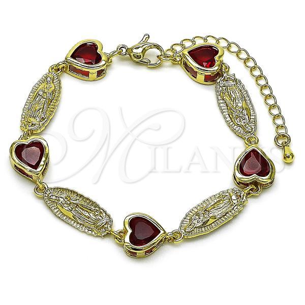 Oro Laminado Fancy Bracelet, Gold Filled Style Guadalupe and Heart Design, with Garnet Cubic Zirconia, Polished, Golden Finish, 03.423.0001.1.07