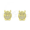 Oro Laminado Stud Earring, Gold Filled Style Owl Design, with Ruby and White Micro Pave, Polished, Golden Finish, 02.156.0600