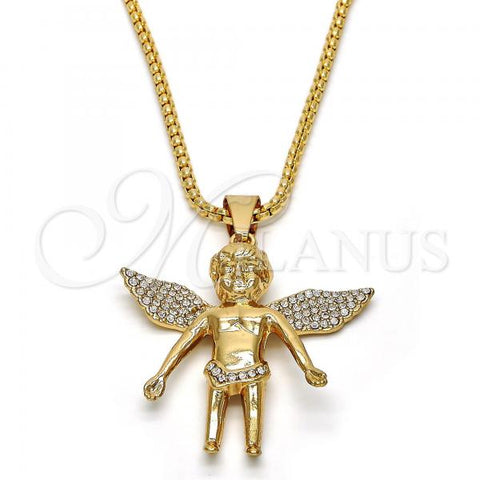 Oro Laminado Pendant Necklace, Gold Filled Style Angel Design, with White Crystal, Polished, Golden Finish, 04.242.0067.30