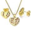 Oro Laminado Earring and Pendant Adult Set, Gold Filled Style Heart Design, with Garnet and White Micro Pave, Polished, Golden Finish, 10.94.0002.1