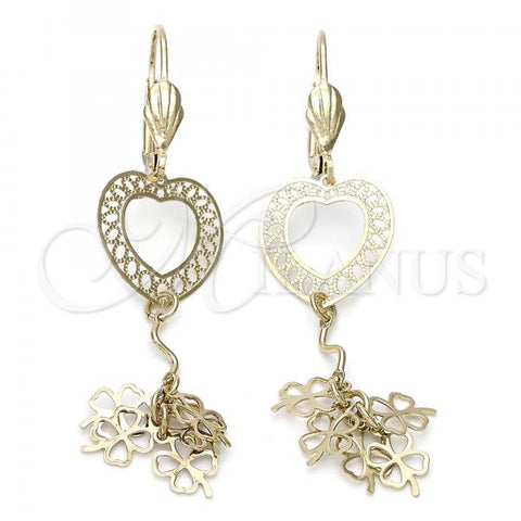 Oro Laminado Dangle Earring, Gold Filled Style Heart and Flower Design, Diamond Cutting Finish, Golden Finish, 02.63.0617