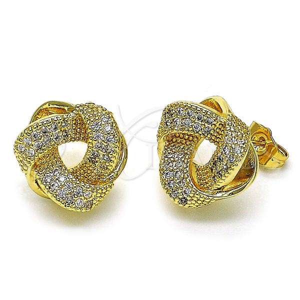 Oro Laminado Stud Earring, Gold Filled Style Love Knot and Twist Design, with White Cubic Zirconia, Polished, Golden Finish, 02.283.0135