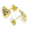 Oro Laminado Stud Earring, Gold Filled Style Heart Design, with Multicolor Micro Pave, Polished, Golden Finish, 02.156.0394.3