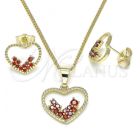 Oro Laminado Earring and Pendant Adult Set, Gold Filled Style Heart Design, with Garnet Micro Pave, Polished, Golden Finish, 10.284.0010.1